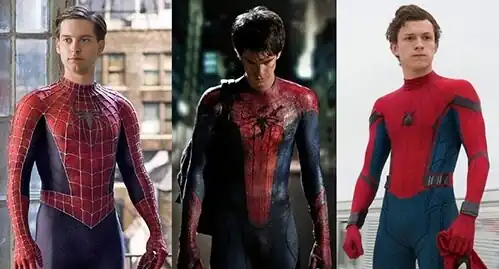 Collage of publicity shots of Tobey Maguire, Andrew Garfield, and Tom Holland in costume as Spider-Man in the live-action films