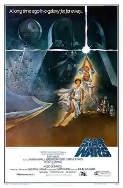 Film poster showing Luke Skywalker holding a lightsaber in the air, Princess Leia kneeling beside him, and R2-D2 and C-3PO behind them. A figure of the head of Darth Vader and the Death Star with several starfighters heading towards it are shown in the background. Atop the image is the tagline "A long time ago in a galaxy far, far away&nbsp;..." On the bottom right is the film's logo, and the credits and the production details below that.