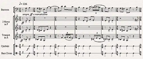 Sheet music showing six bars of music; each bar changes from 2/4 to 3/4, and the melody doesn't always fall on the first beat, showing a constant shift in accents