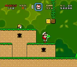 This screenshot shows Mario riding Yoshi during the first level of the game. The scenery shows a jungle environment with floating blocks scattered in the air. The interface displayed around the corners shows the number of lives the player has, the Dragon Coins collected, the player's stored power-up, the level's remaining time, the player's number of coins, and the total score of the player.