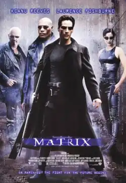 The characters of the film (Cypher, Morpheus, Thomas Anderson/Neo, and Trinity) in an alleyway holding guns and weapons, with bullets on the ground. Lines of computer code (known as digital rain) can be seen scattered around the poster. The tagline on the bottom reads "ON MARCH 31ST THE FIGHT FOR THE FUTURE BEGINS."