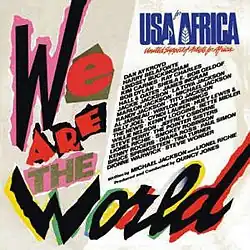 An album cover with "We Are the World " spelled out across the left and bottom in cut-and-paste-style. To the top right of the cover is "USA for Africa" in blue text, under which names are listed against a white background