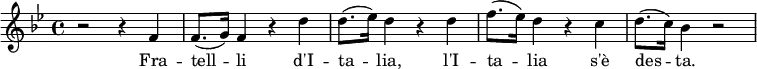 \relative f' { 
    \clef treble 
    \time 4/4 
    \key bes \major 
    
    r2 r4 f | (f8. g16) f4 r d' | (d8. ees16) d4 r d | (f8. ees16) d4 r c | (d8. c16) bes4 r2 |
} 
\addlyrics {  
Fra -- tell -- li
  d'I -- ta -- lia,
  l'I -- ta -- lia
  s'è des -- ta. }